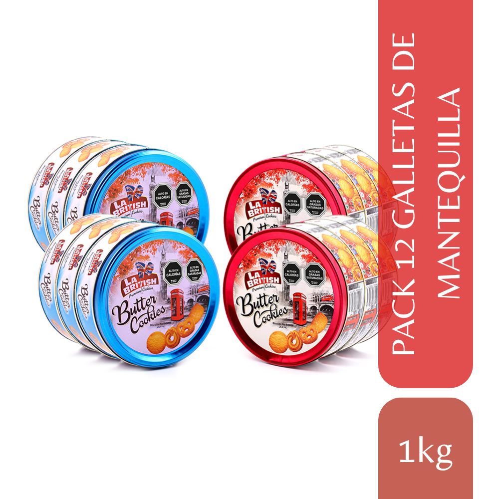 Pack 12 Latas Galletas Mantequilla La British 114g Azul/Rojo