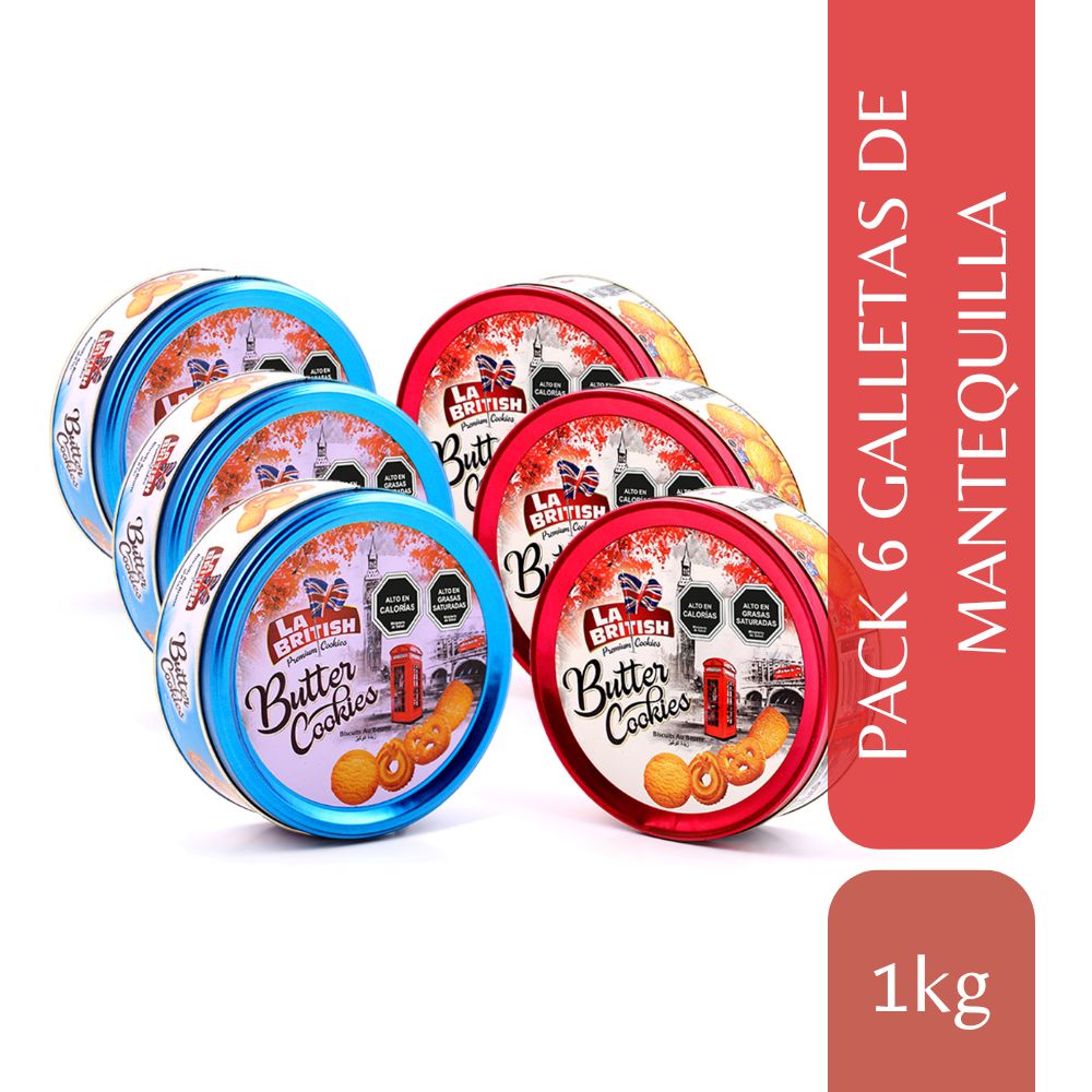 Pack 6 Latas Galletas Mantequilla La British 114gr Azul/Rojo
