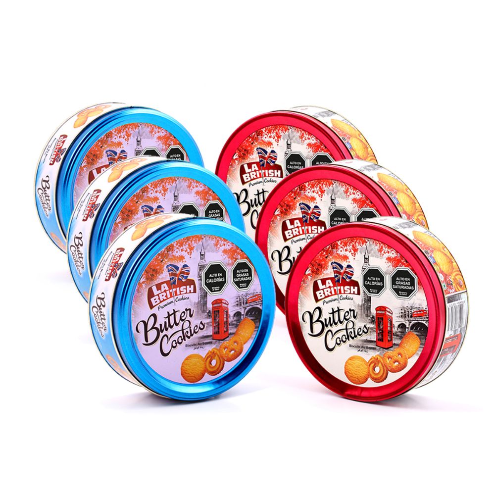 Pack 6 Latas Galletas Mantequilla La British 114gr Azul/Rojo