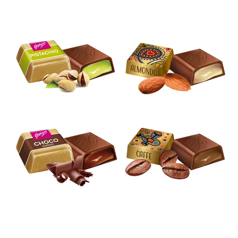 Pack 4 cajas bombones Goplana 1 Kg Pist+café+Almen+Choco