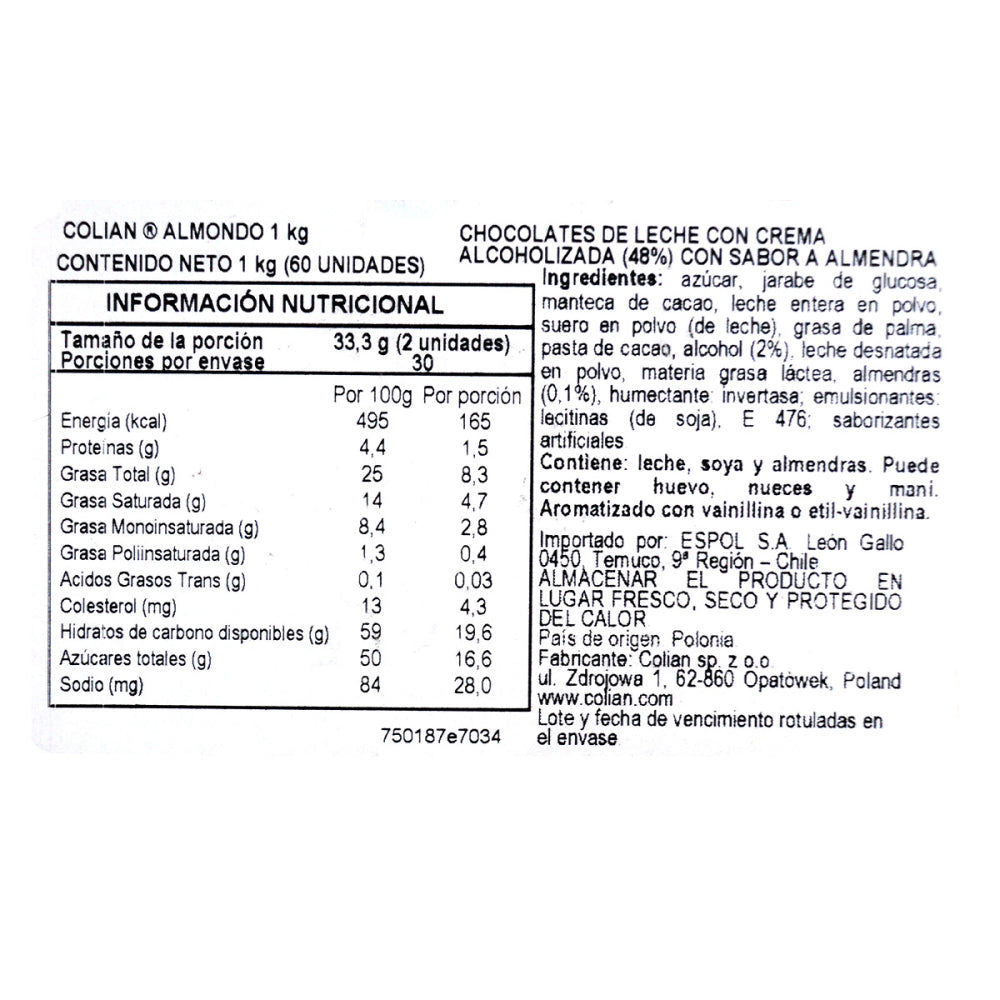 Bombon Chocolate Goplana 1 Kg Sabor Almendra