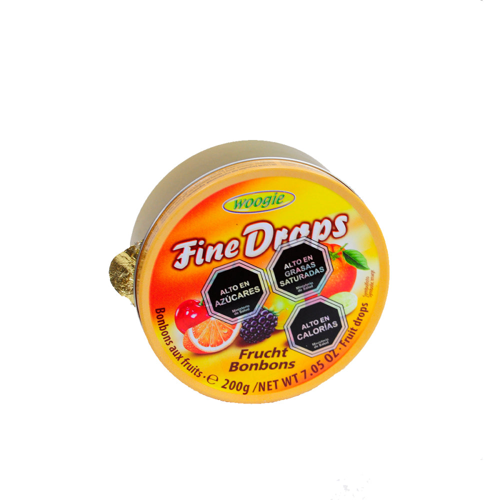 Caramelo Woogie Fine Drops sabor frutas Lata 200 gr.