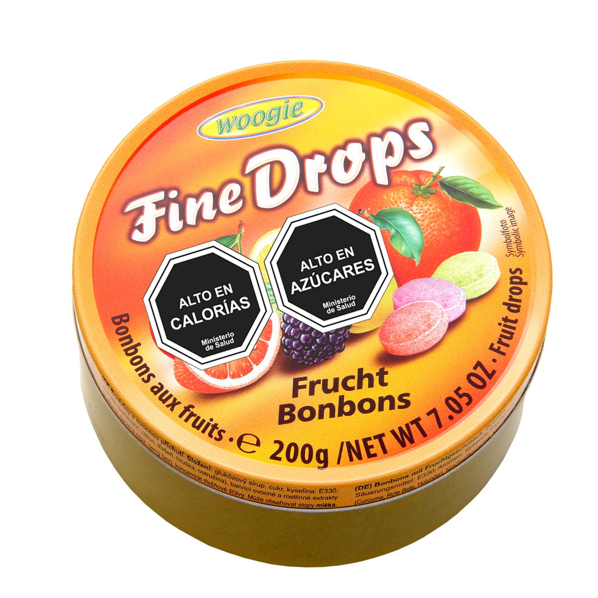 Caramelo Woogie Fine Drops sabor frutas Lata 200 gr.