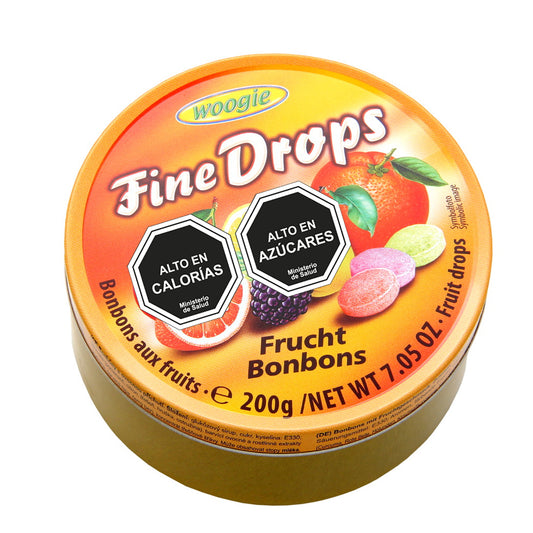 Caramelo Woogie Fine Drops sabor frutas Lata 200 gr.