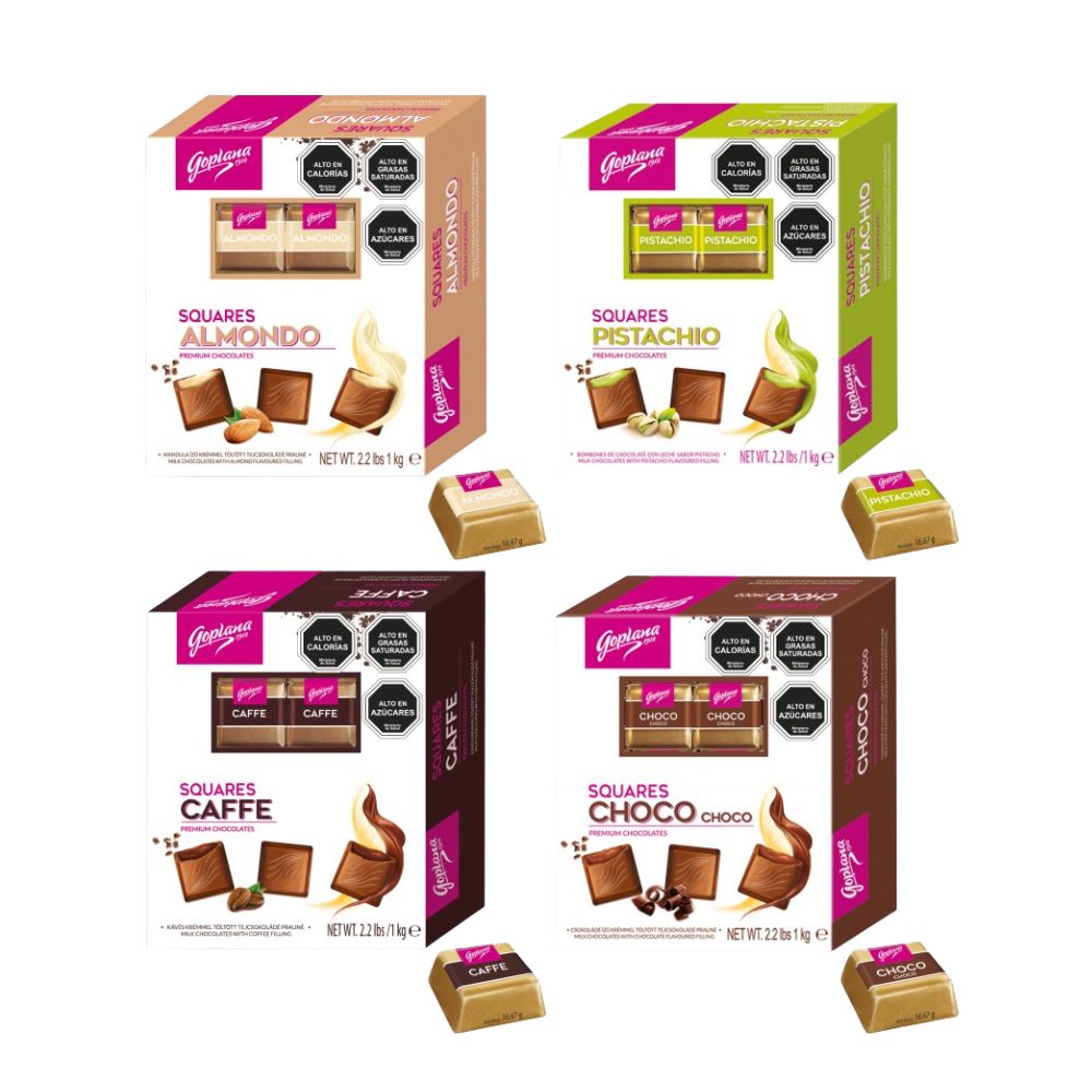 Pack 4 cajas bombones Goplana 1 Kg Pist+café+Almen+Choco